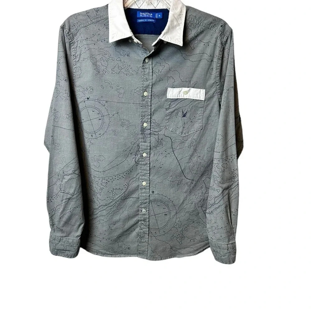 Nautica Mens Blue Sail Map Print Button Up Shirt Grey White Size: XL - Picture 4 of 11